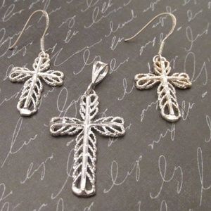 Sterling Silver Filigree Cross Pendant Earrings